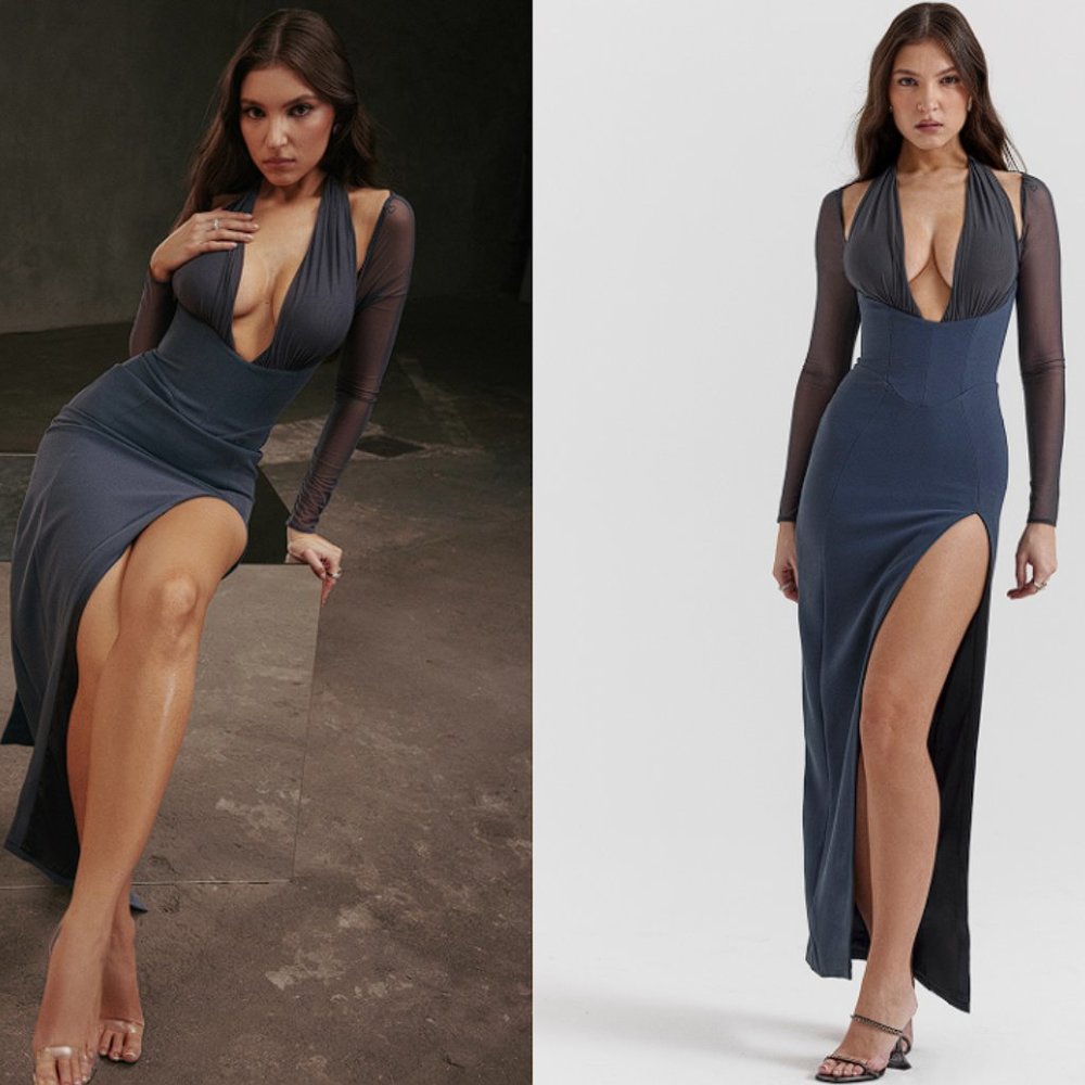 HOUSE OF CB 'Evangelina' Slate Plunge Maxi Dress NWOT